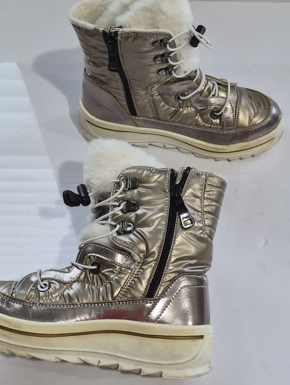 Metallic Taupe Girl's Winter Ankle Boots with Faux Fur Size 2.5